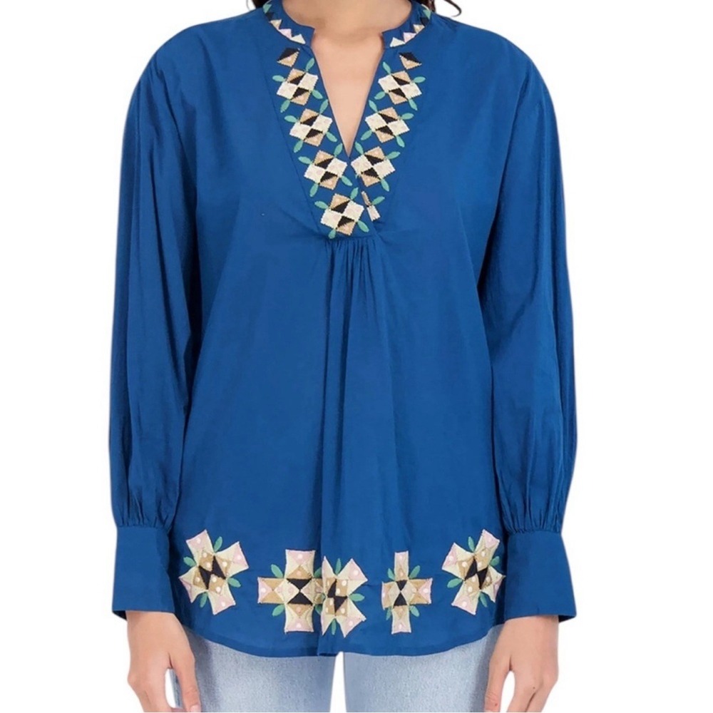 Roller Rabbit Top Embroidered V-Neck Pullover Tallulah Blouse Tunic Sz XS